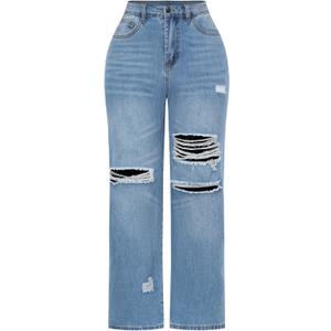 THUNDER STAR Womens High Waisted Wide Leg Jeans Stretchy Distressed Denim Pants Light Blue M