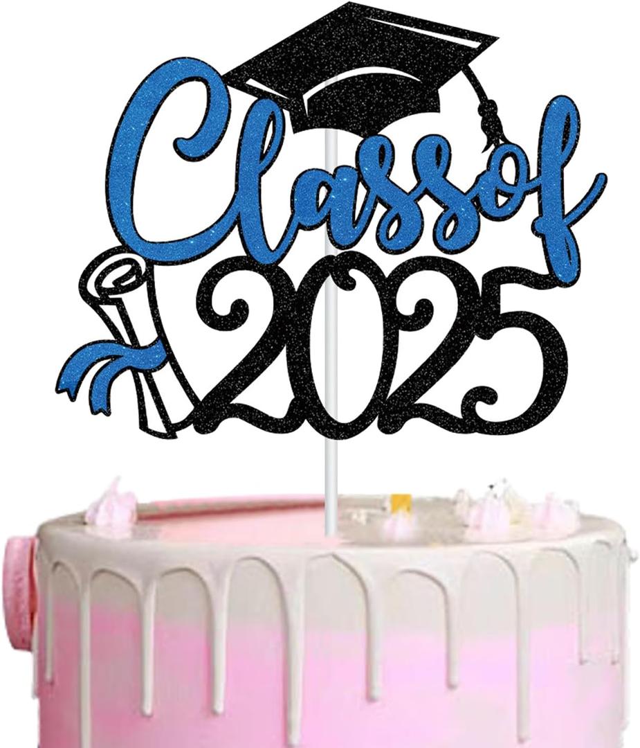 1Pack Class of 2025 Cake Topper Glitter Diploma Graduation Cap Cake Pick Congrats Grad 2025 Cake Decorations for 2025 Graduation Theme High School Boys Girls Graduate Party Supplies(Blue)