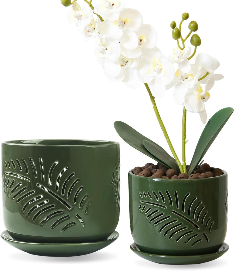 5+6 inch Orchid Pots with Holes, Orchid Pots for Repotting, Healthy Air Circulation Plant Pots for Plant Lovers, Planters for Indoor/Outdoor Plants, Set of 2 (Green)
