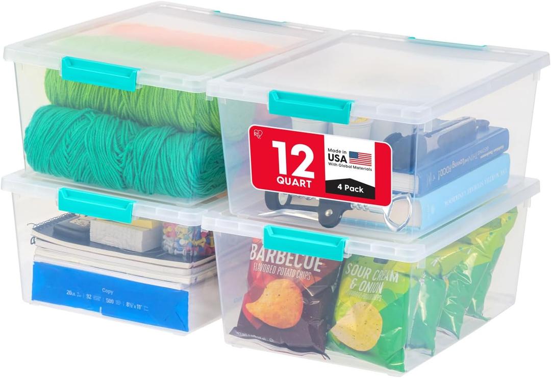IRIS USA 12 Qt. Craft Storage Bins with Lids, 4-Pack, |Made in USA|, Clip Box, Medium Plastic Sensory Bin Tote Organizer Containers for Art Supplies, Paper, & Office, Stackable - Clear/Seafoam Blue