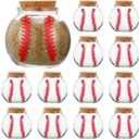 12 Pcs Baseball Printed Round Jar 3.4 oz Mini Round Shaped Glass Jar with Cork Lid 2.56 x 2.56 Inch Decorative Glass Bottle for Baseball Team Coach Player Sport Party Favors Gift Decoration