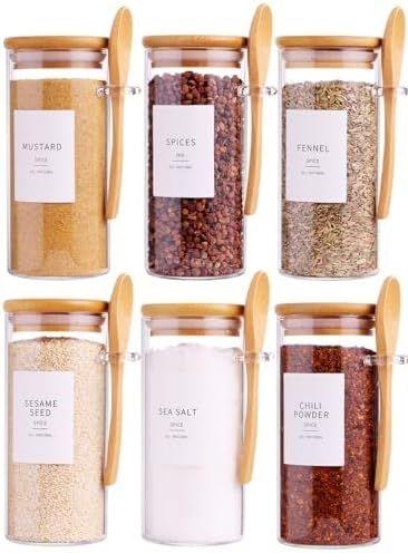 6 Pcs Glass Containers with Bamboo Lids and Spoons - 10 oz Sugar Container with 148 Kitchen Pantry Spice Jar Labels Preprinted - Glass Spice Jars with Wooden Lids Hold Coffee, Tea, Candy, Herbs