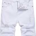 JUNBAOSS Men’s Comfort Flex Waistband Jean Short Mens Patchwork Denim Shorts Mid Rise Stretchy Patchwork Jeans Shorts Casual Denim Shorts Streetwear Men Casual Denim Shorts, White 8012, Size 38
