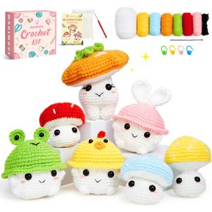 MAGIMUSE Crochet Kit for Beginners, Crochet Starter Kits for Adults Amigurumi Craft Knitting Crocheting Kits with Step-by-Step Video Tutorials, Mushroom Family(40%+ Yarn