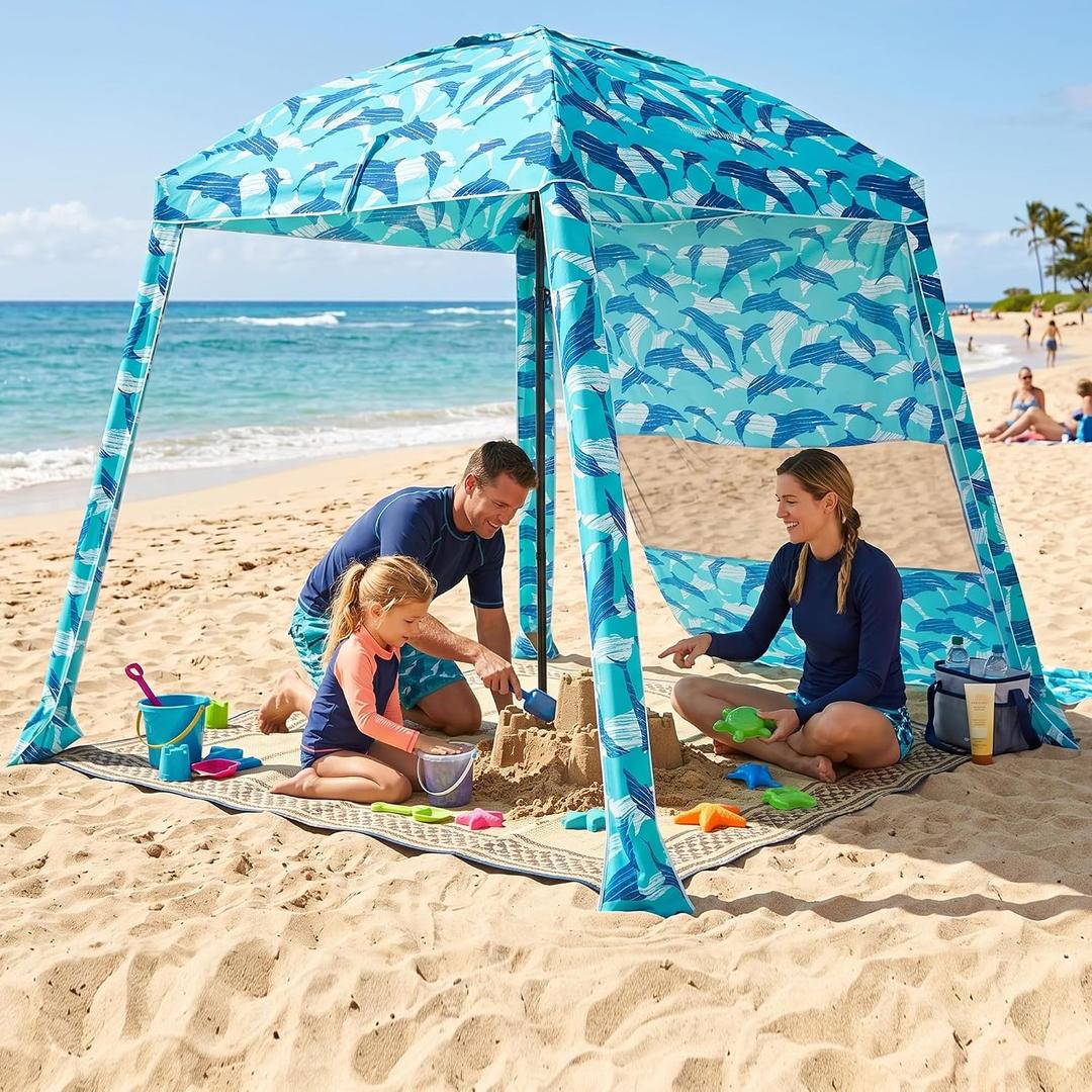 HOMEDEMO 6'×6' Beach Cabana, Beach Canopy Tent Easy Set up and Take Down with Sand Pockets, Big Sandy Anchor, Elongated Side Wall Cabanas for Sand, Little Dolphin