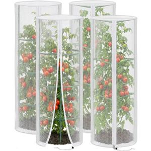 4 Pcs Garden Mesh Plant Cover for Round Tomato Cage, 57" x 15.7" Insect Bird Netting Protection Net Covers with Zipper & Drawstring, Garden Tomato Trellis Netting for Climbing Plants