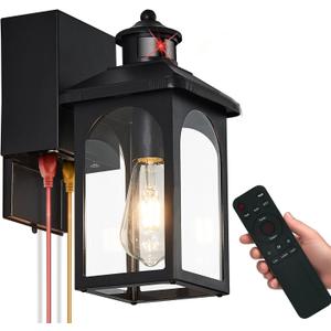 Porch Light with GFCI Outlet: Motion Sensor Porch Lights Outdoor with Remote Control Dusk to Dawn Exterior Lighting Fixtures Black Modern Outdoor Wall Lights for House Garage Patio Front Door, 1 Pack