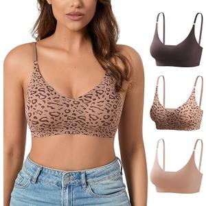 DEANGELMON V Neck Bra Padded Seamless Adjustable Straps Bralettes Everyday Basic Sleeping Bras 2pcs L