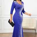 FANDEE Formal Maxi Dress for Women Mermaid 3/4 Sleeve Bodycon Long Gown for Evening Cocktail Party (Blue, XXL)