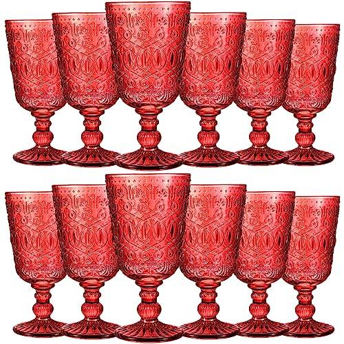 Eaasty Wine Glasses Set of 12 Vintage Goblet 9 oz Vintage Colored Glass Goblet Beverage Stemmed Glass Cups Romantic Embossed Glassware for Wedding Party Holidays Anniversary (Red)