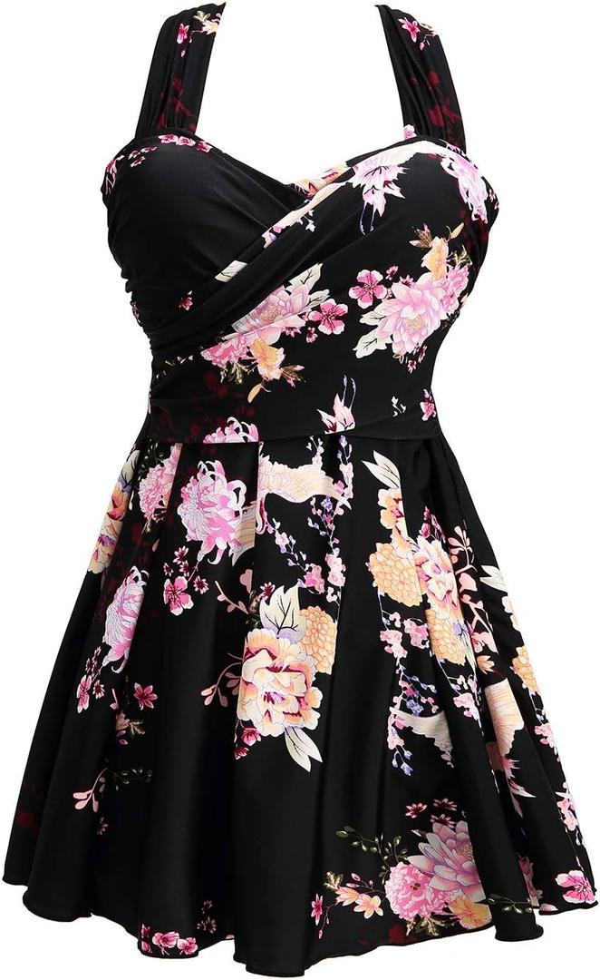 COCOPEAR Women's Elegant Crossover One Piece Swimdress Floral Skirted Swimsuit (Large)