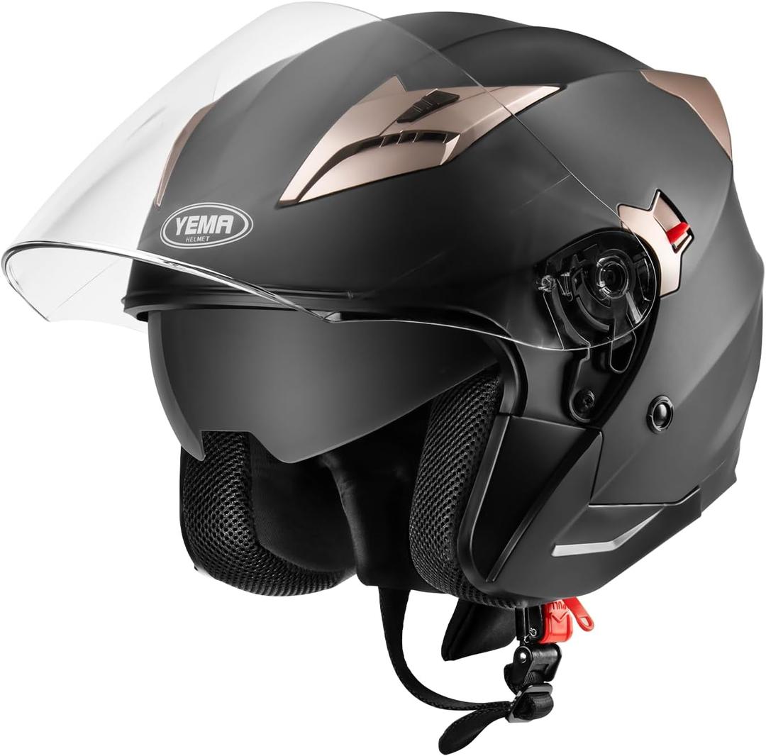 Motorcycle Open Face Helmet DOT Approved - YEMA Helmet YM-627 Motorbike Moped Jet Bobber Pilot Crash Chopper 3/ 4 Half Helmet with Sun Visor for Adult Men Women - Matte Black, Large