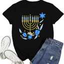 Hanukkah Shirt Women Happy Hanukkah T-Shirt Menorah Candles Short Sleeve Jewish Chanukah Tee Tops (L)