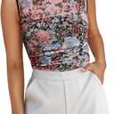 REORIA Womens Sheer Mesh Sexy Bodysuits Mock Neck Sleeveless Shirts Ruched Trendy Going Out Bodysuits Tops 2025 (Floral Black), XS