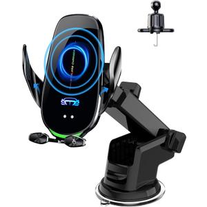 Wireless Car Charger Mount, Fast Charging Auto Clamping 15W Intelligent Dual Control Induction Car Phone Holder Mount Wireless Charging Compatible with All iPhone Android Smartphone
