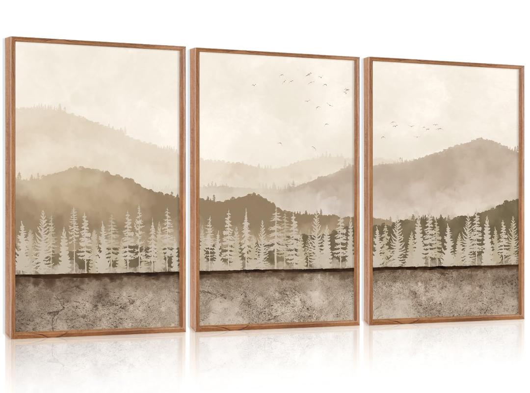 Aurlan Abstract Neutral Tan Nature Landscape Wall Art Set(16”x24”), 3 Pieces Duotone Beige Misty Mountain Framed Canvas Artwork, Large Modern Pine Tree Foggy Forest Wall Decor for Office Bedroom Living Room