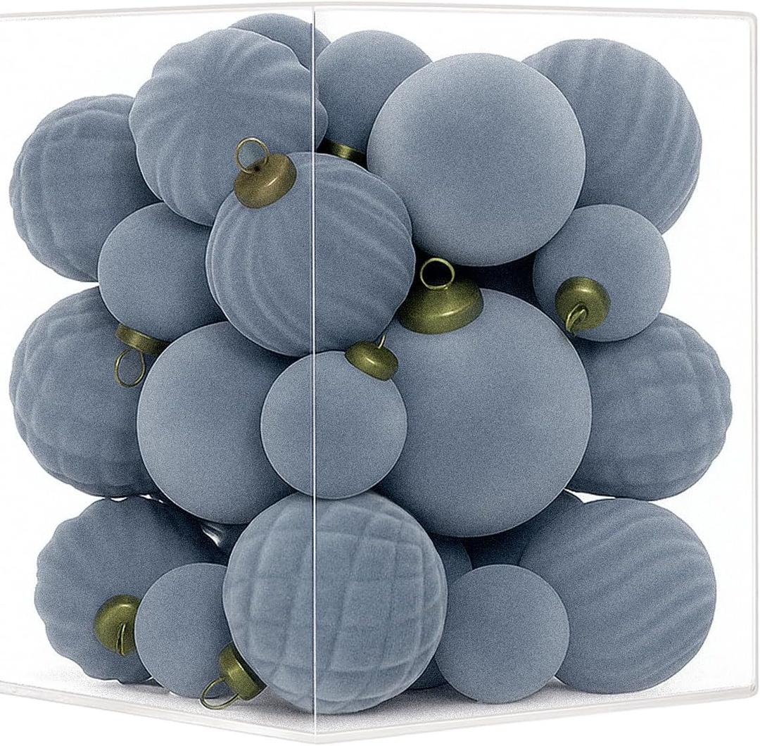 XmasExp 36PCS Velvet Christmas Ornaments Set Mixed Flocked Balls Ornaments Shatterproof Christmas Tree Decorations for Holiday,Party,HomeLight Blue