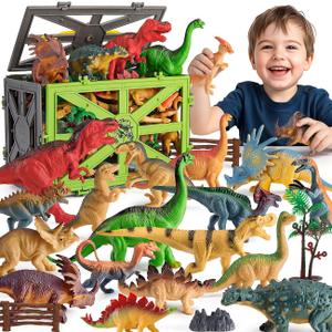Kiddiworld Dinosaur Toys for Kids 3-5, 31PCS Realistic Plastic Dinosaur Figures with Stone&Tree&Fence in Storage Cage for Toddlers Ages 5-7, Dino Toys Gifts for 3 4 5 Year Old Boys Girls