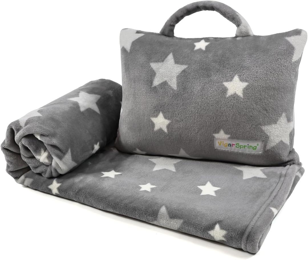 3-in-1 Kids Travel Pillow and Blanket Set - 40x60 Inches Soft Grey Star Design | Travel Blanket Airplane Compact with Bag | Ideal for Travel, Camping, Car Rides & Home Decor