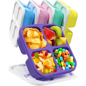 5 Pcs Bento Snack Containers, Reusable 4 Compartment Divided Food Storage Containers, Divided Lunchable Container for School, Work and Travel (5 Color) (White Lids)