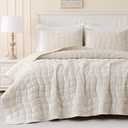 DOWNCOOL 3 Pieces Velvet Quilt Set King Size, Cream White | All Season Soft Lightweight Quilted Velvet Bedspread Coverlet Bedding with 2 Pillow Shams