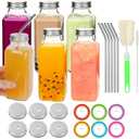 12 oz Glass Juice Bottles with Lids 6 Pack | Reusable & Leakproof Juicing Jars with Airtight & Sipping Lids, Straws & Brushes for Travel, Office, Home, Gym