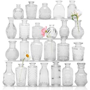 24PCS Clear Glass Bud Vases Set,Small Flower Arrangement Vase,Vintage Crystal Glass Design,Wedding,Party Decoration,Home Flower Arrangement (24)