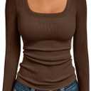 AUTOMET Womens Ribbed Square Neck Top, Long Sleeve Slim Fit Basic Shirt for Fall Winter Spring, Casual Crop Tee (X-Large, Brown)