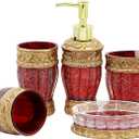 LUANT Vintage Red Bathroom Accessories, 5Piece Bathroom Accessories Set, Bathroom Set Features, Soap Dispenser, Toothbrush Holder, Tumbler & Soap Dish - Golden Glossy - Bath Gift Set