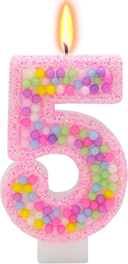 Pink Birthday Candles Number 5 Candle - Fun Candy Bead Cake Topper, 5th Birthday Party Supplies for Girls, Five Year Old Decorations
