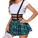 Avidlove Pleated Suspender Skirt Women - Elastic High Waist A-Line Mini Braces Skirt for School Casual Party (S)