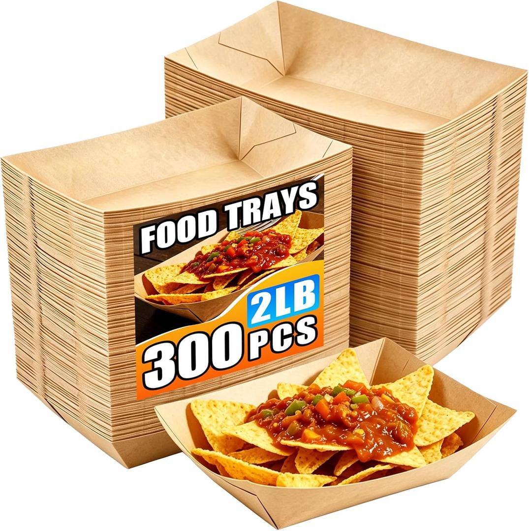 300 Pack 2LB Paper Food Trays, Heavy-Duty Disposable Kraft Paper Food Boats, Serving Basket Tray for Fries Nachos Snacks Hot Dog Taco Popcorn,Food Holder Trays for BBQ Party Picnic Wedding, 14.8" x 6.7" x 5.3"