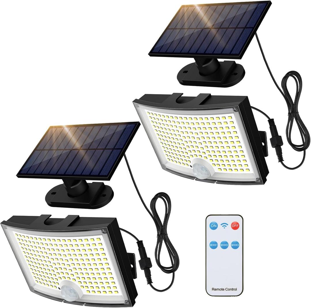 Adiding Solar Outdoor Lights, 202 LEDs Flood Lights with 16.4 ft Cable, Remote Control Solar Motion Sensor Outdoor Lights, 3 Modes Solar Powered Security Lights for Outside Patio, Yard, Garage, 2 Pack