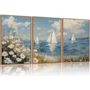 FWIEXA Coastal Wildflower Canvas Wall Art Framed, Ocean Sailboats Pictures Wall Decor, Beach Flower Seascape Painting, Blue Sky 3 Pieces 24x36In Artwork for Living Room, Bedroom, Bathroom, Rustic Farmhouse