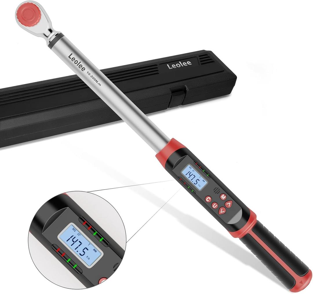 Leolee 1/2-Inch Drive Digital Torque Wrench with Angle, 7.38-147.5 Ft-Lb/10-200 Nm Electronic Torque Wrench with Preset Value, Data Storage, Buzzer, LED Flash Notification for Motorcycle, Car