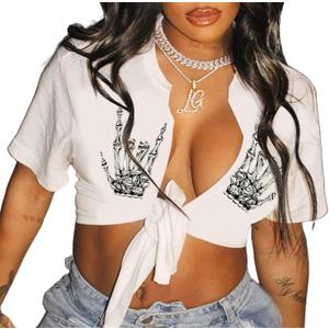 Sexy Graphic Crop Tops for Women Summer Short Sleeve Tie up Tee Shirt (Rock White) XL