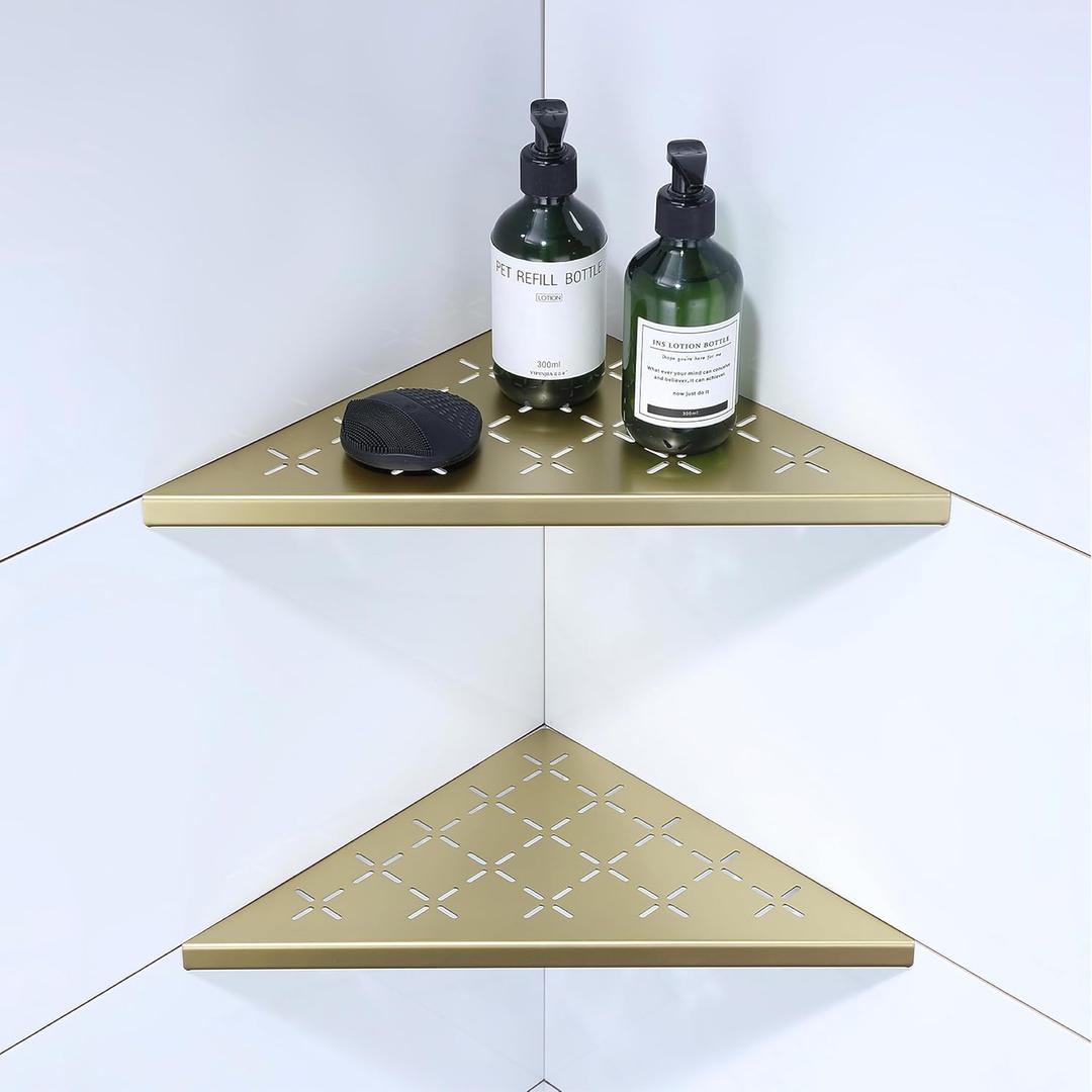 12" Corner Shower Shelf, 2-Pack Shower Shelves SUS304 Stainless Steel Bathroom Shelves for Tile Walls, Recessed Corner Shelf Organizer Rack, No Drilling (Brushed Gold)