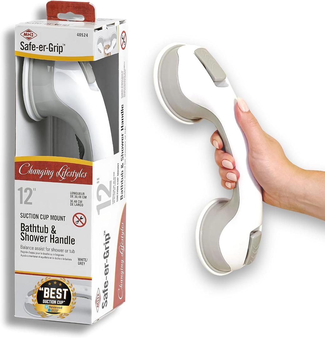 Safe-er-Grip Safe-er-Grip Changing Lifestyles Suction Cup Grab Bars for Bathtubs & Showers; Safety Bathroom Assist Handle, White & Grey, 12 inches