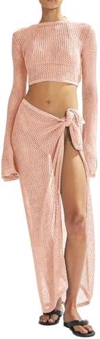 LANNEW Women's Swimsuits Cover Ups Set for Crochet Bathing Suit Hollow Out 2 Piece Bikini Coverup Beach Swimwear, S, Pink