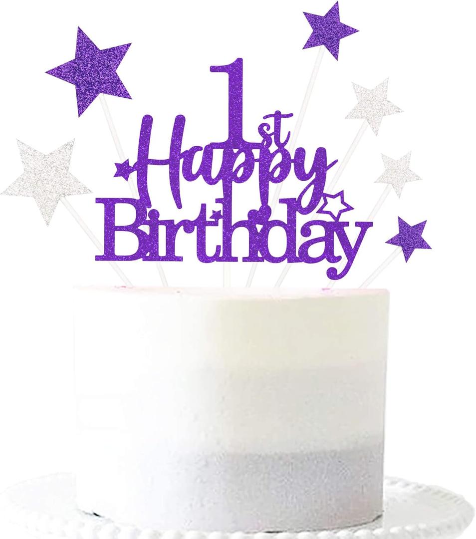 3 x Glittery 1st Happy Birthday Cake Topper with Star,Personalised 1 Birthday Cake Toppers Party Decorations Party Supplies for Baby Boys Girls Purple Silver