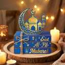 Geelin 4 Pcs Eid Mubarak Tiered Tray Decor Wooden Book Stack Signs, Blue Gold Islamic Crescent Moon Mosque Table Centerpiece for Ramadan Home Shelf Coffee Bar Mantel Decorations