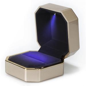 Luxury Ring Box, Square Velvet Wedding Ring Case Jewelry Gift Box with LED Light for Proposal Engagement Wedding, Gold