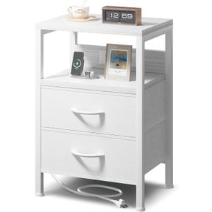 NightStand Bedside Charging Table Bedroom - Night Stand with Charger Station, White Modern Bed Side End Table with Open Shelf & 2 Fabric Drawers, USB-C Port & AC Outlets for Dorm, Living Room