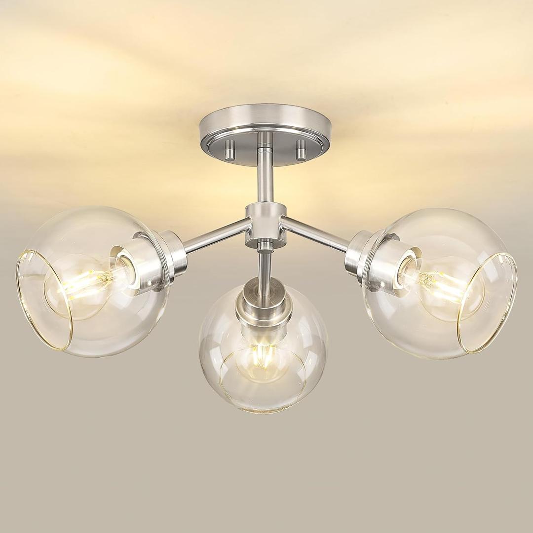 3-Light Semi Flush Mount Ceiling Light, Modern Light Fixtures Ceiling Mount with Globe Clear Glass Shade, Brushed Nickel Light Fixtures for Kitchen Entryway Hallway Bedroom, SM195-BN-3