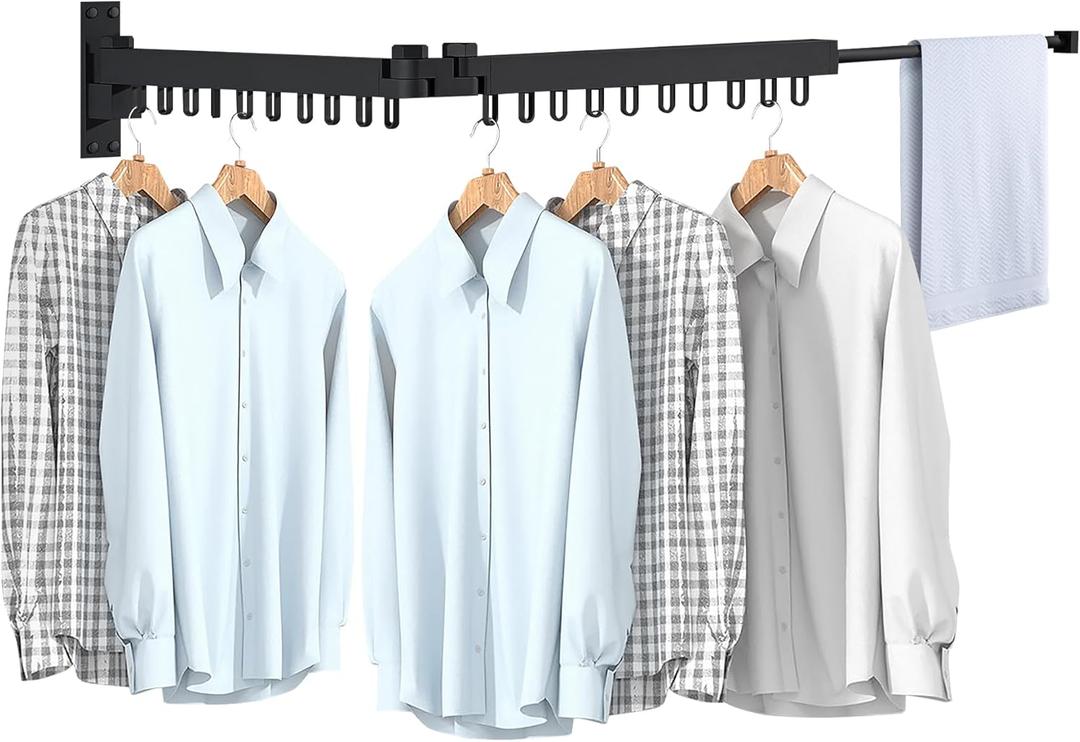 Bakala Clothes Drying Rack Foldable, Laundry Drying Rack Clothing Wall Mounted, Clothing Racks for Hanging Clothes, Heavy-duty Space Saving Hanger,Retractable,Expandable,Collapsible, 64" (Hooks,Black)