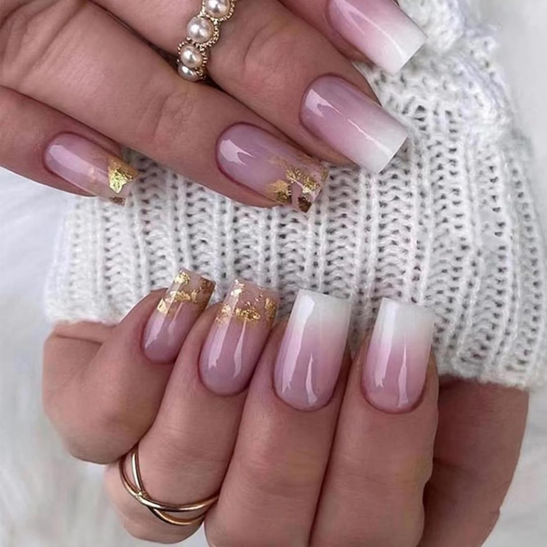 Ombre Pink Press on Nails Medium Square Fake Nails with Designs Glitter False Nail Press ons Gold Foil Glue on Nails Glossy Full Cover Acrylic Artificial Stick on Nails for Women Manicure 24pcs (Style-10)