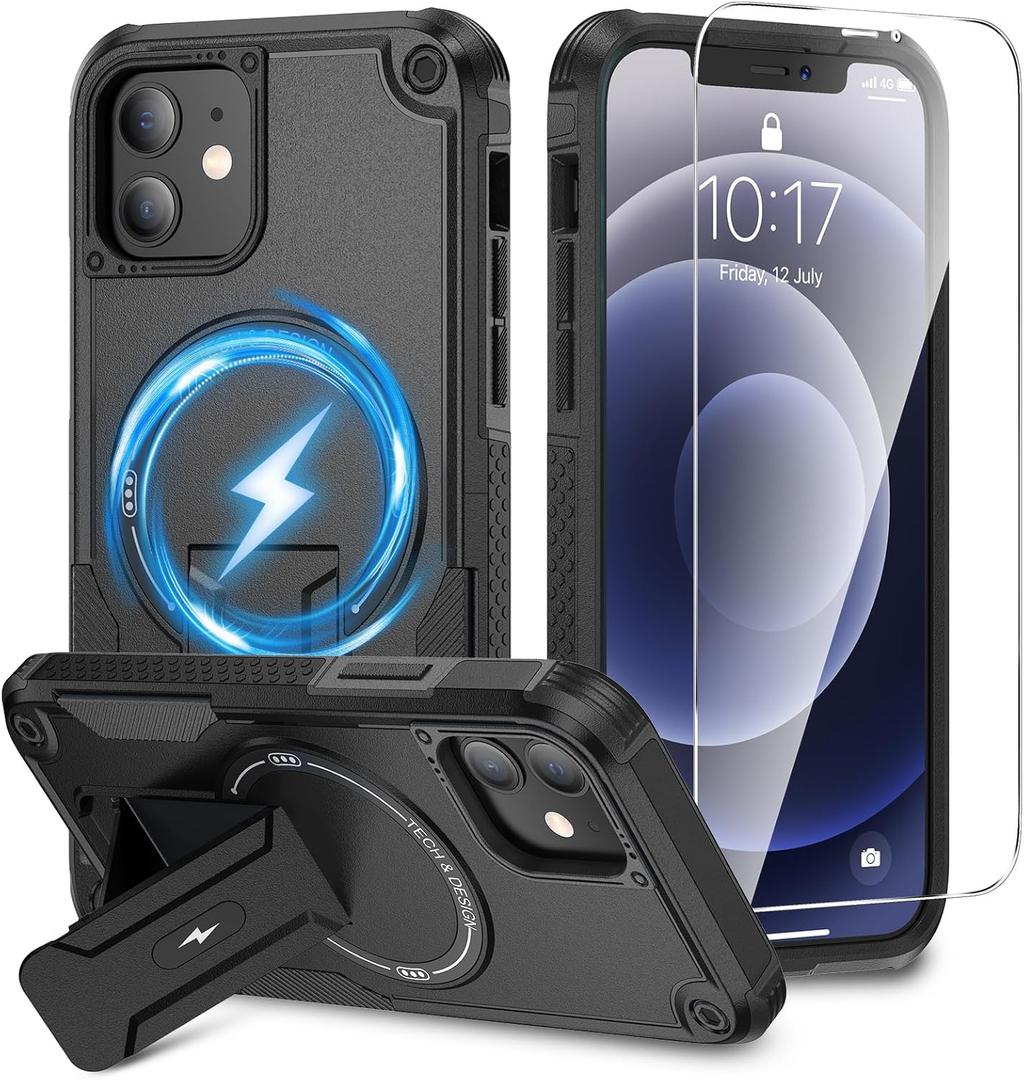 Caka for iPhone 12 Case & iPhone 12 Pro Case [Compatible with MagSafe][HD Screen Protector], Built in Invisible Stand, Magnetic Shockproof Protective iPhone 12/12 Pro Phone Case-6.1 inch (Black)