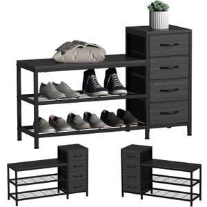 EXOTICA 3 Tier Entryway Bench Shoe Storage Bench with 4 Fabric Drawers Metal Frame and Wooden Board Shoe Rack Bench with Seat for Entryway Hallway Front Door Doorway, Large