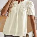 Womens Tops V Neck Short Sleeve Blouses Casual Flowy Button Up Shirts Embroidered Lace Boho Clothing Trendy (XXL)