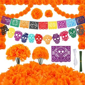 HOWAF Dia De Los Muertos Decorations Ofrenda Set, Day of The Dead Decor for Altar with Papel Picado Banner Marigold Flowers Garland for Ofrendas Alter Supplies, Mexican Halloween Diwali Party Supplies